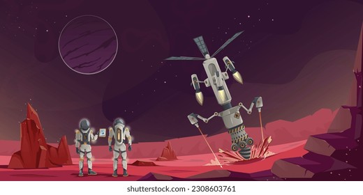 Robot driller extracts minerals on the surface of the planet. Drilling rig, laser beam, solar panel. Astronaut engineers control the mining process. Future technologies, sci-fi. Vector illustration.