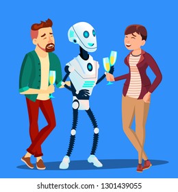 Robot Drinking Champagne And Laughing At Party With Man And Woman Vector. Isolated Illustration