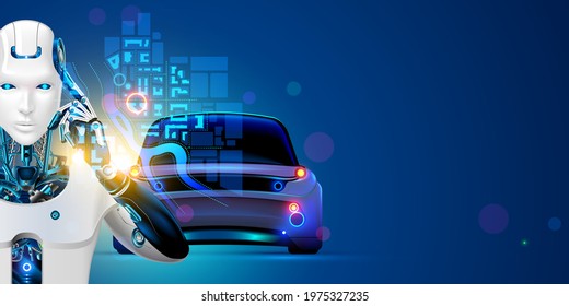 Robot Driver Of Autonomous Car. AI Of Driverless System Of Vehicles In Image Cyborg. Concept Of Artificial Intelligence Of Transportation Technology. Autopilot Of Self-driving Automotive System.