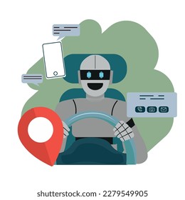 robot driving a car, artificial intelligence controls altomobile. vector illustration.