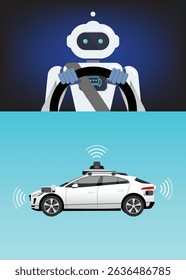 Robot is driving a car. Autonomous driving technology concept. Intelligent controlled driverless car. Self driving car. Vector illustration