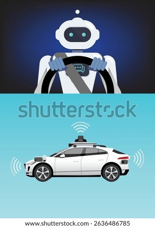 Robot is driving a car. Autonomous driving technology concept. Intelligent controlled driverless car. Self driving car. Vector illustration