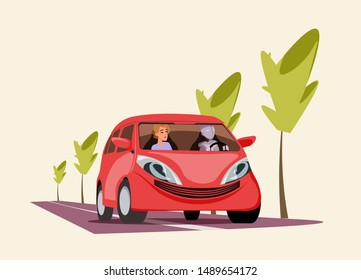 Robot driving car flat vector illustration. Cartoon cyborg in driving seat with female passenger in red vehicle. Humanoid, robotic driver holding steering wheel riding on street isolated character