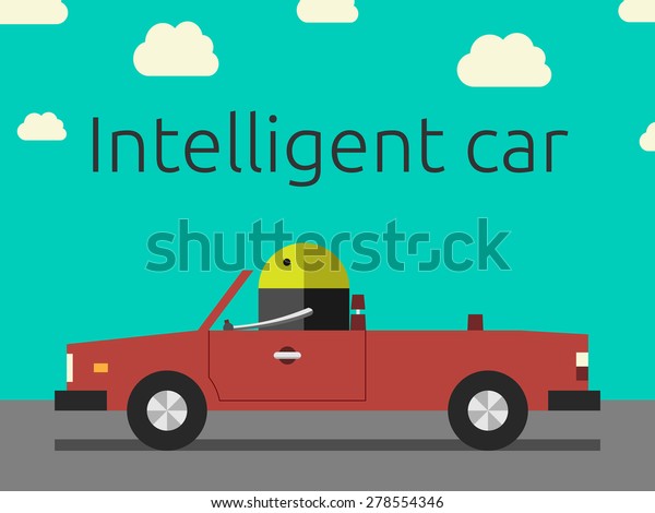 Robot driving the car. Intelligent car,\
autopilot, future of automobile concept. EPS 10 vector\
illustration, no\
transparency