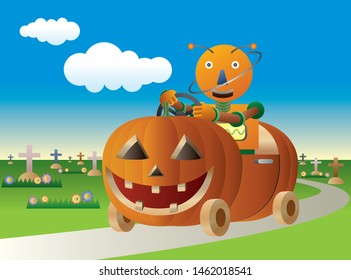 Robot driving a Halloween style pumpkin car