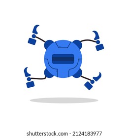 Robot droid with four hammers to help human work isolated on white background. Vector illustration futuristic design.