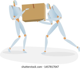 Robot or drone with artificial Intelligence deliver box or parcel. Automated logistics, fast deliver future technological shipment innovation