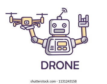 Robot with drone, catching drone, modern technology, icon, logo
