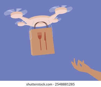 Robot drone delivery with food as automated delivery concept, flat vector stock illustration