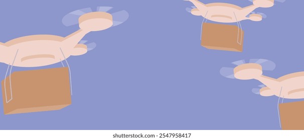 Robot drone delivery man with a box of cargo as a concept for the future of logistics, flat vector stock copy space illustration or template for overlay