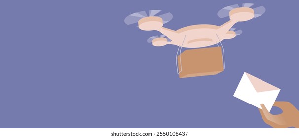 Homem de entrega robô drone com correio e mão humana como pessoas conceito rápido lugistic, ilustração de espaço de cópia de estoque de vetor plano ou modelo