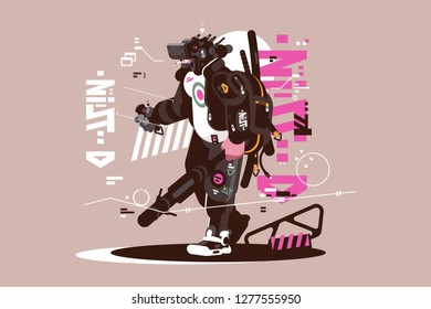 Robot drone mercenary mechanized and automated vector illustration. New latest robotic technologies flat style concept. Futuristic services and future technologies
