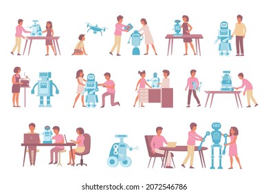 Robot education set of flat isolated icons and human characters interacting with robot helpers toy robots vector illustration