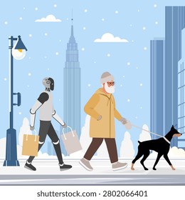 Robot and elderly man walking dog in snowy cityscape, winter urban scene with tall buildings