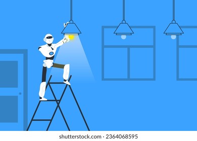 robot electrician working indoor repair lightbulb modern technology vector illustration