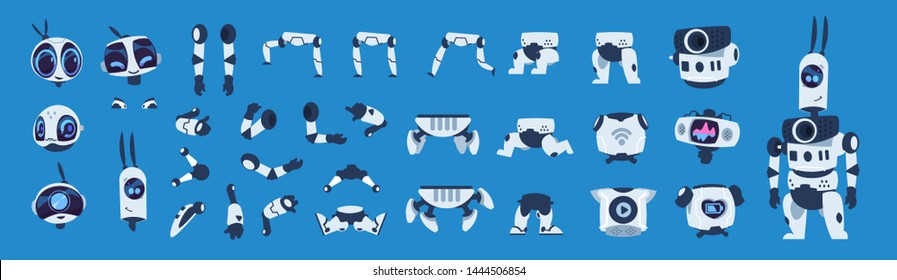 Robot elements. Cartoon android character animation set, futuristic machine constructor with different poses. Vector isolated futuristic cybernetic objects on blue background