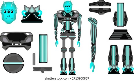 Robot elements. Cartoon robot helper character set. Vector isolated futuristic cybernetic objects on white background.