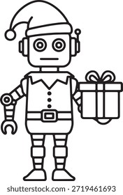 Robot elfo presente caixa silhueta ícone vetor Natal robótico auxiliar feriado presente futurista santa assistente símbolo logotipo símbolo ilustração festiva