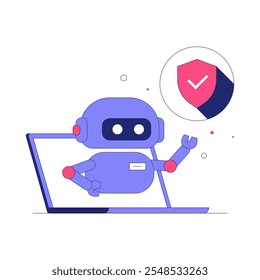 Robô Emergente Da Tela Do Laptop Em Ilustração De Vetor Plano Simbolizando Inteligência Artificial, Assistência Digital E Verificação De Segurança, Isolados No Fundo Branco.