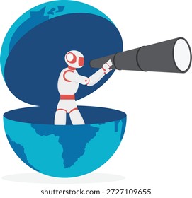 Robot Emerging from World Globe for Global Research