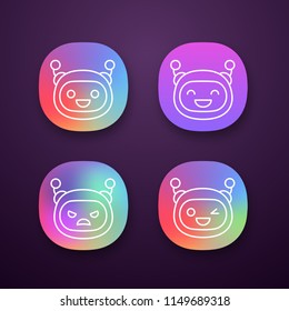 Robot emojis app icons set. Chatbot emoticons. Laughing, happy, angry, winky chat bot smileys. Artificial intelligence. UI/UX user interface. Web or mobile applications. Vector isolated illustrations