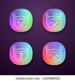 Robot emojis app icons set. Angry, sad, laughing chat bot smileys. Chatbot FAQ. Artificial intelligence. UI/UX user interface. Web or mobile applications. Vector isolated illustrations
