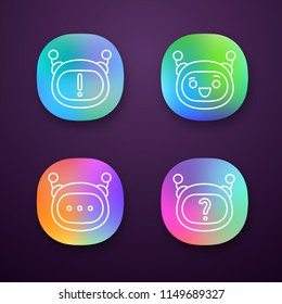 Robot emojis app icons set. Chat bot notification and FAQ, laughing smiley, chatbot message. Artificial intelligence. UI/UX user interface. Web or mobile applications. Vector isolated illustrations