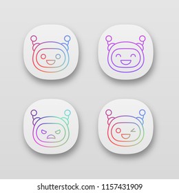 Robot emojis app icons set. Chatbot emoticons. Laughing, happy, angry, winky chat bot smileys. Artificial intelligence. UI/UX user interface. Web or mobile applications. Vector isolated illustrations