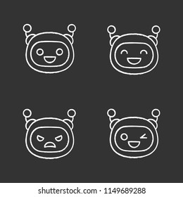 Robot emojis chalk icons set. Chatbot emoticons. Laughing, happy, angry, winky chat bot smileys. Artificial intelligence. Virtual assistant. Isolated vector chalkboard illustrations