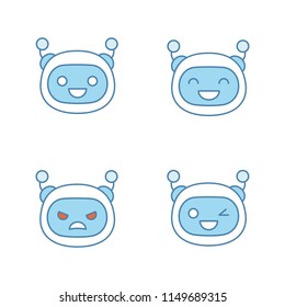 Robot emojis color icons set. Chatbot emoticons. Laughing, happy, angry, winky chat bot smileys. Artificial intelligence. Virtual assistant.Isolated vector illustrations