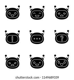 Robot emojis glyph icons set. Chatbot emoticons. Chat bot smileys. Artificial intelligence. Virtual assistant. Artificial conversational entity. Silhouette symbols. Vector isolated illustration