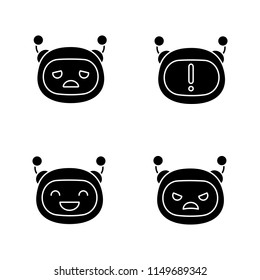 Robot emojis glyph icons set. Chatbot emoticons. Sad, angry, happy chat bot smileys. Chatbot notification. Artificial intelligence. Virtual assistant. Silhouette symbols. Vector isolated illustration