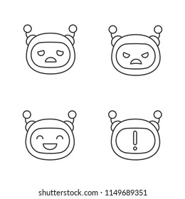 Robot Emojis Linear Icons Set. Chatbot Emoticons. Sad, Angry, Happy Chat Bot Smileys. Chatbot Notification. Thin Line Contour Symbols. Isolated Vector Outline Illustrations. Editable Stroke