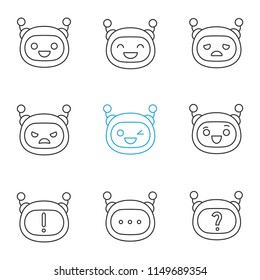 Robot emojis linear icons set. Thin line contour symbols. Chatbot emoticons. Chat bot smileys. Artificial intelligence. Virtual assistant. Isolated vector outline illustrations. Editable stroke