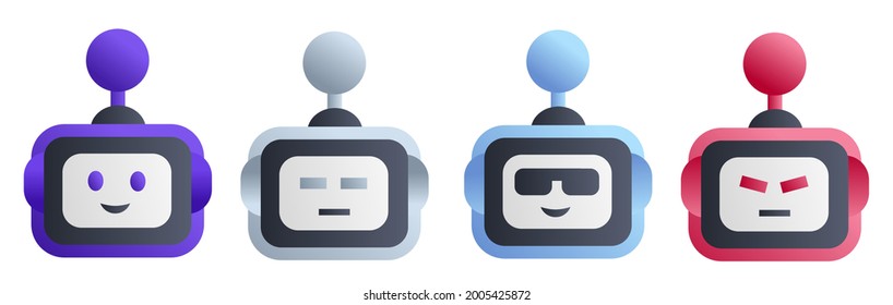 Robot emoticons in different colors, happy, disappointed, angry, arrogant.  With gradient colors.  flat minimalist design vector eps 10