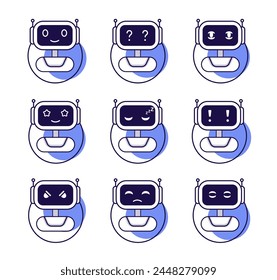 Robot emotion set. Chatbot avatar. Chatbot character head with different feelings.  Digital assistant. Icon vector. 