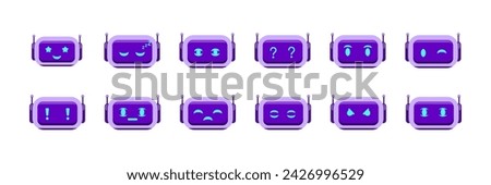 Robot emotion set. Chatbot avatar. Chatbot character head with different feelings.  Digital assistant. Icon vector. 