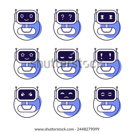 Robot emotion set. Chatbot avatar. Chatbot character head with different feelings.  Digital assistant. Icon vector. 