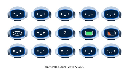 Emociones de robots. Emociones de asistente de chatbot, lindo símbolo de aire, mascota de tecnología. Cara graciosa feliz o triste. Máquina robótica de batería alta y baja. Vector de dibujos animados de estilo plano de sonrisa aislada ilustración de personaje