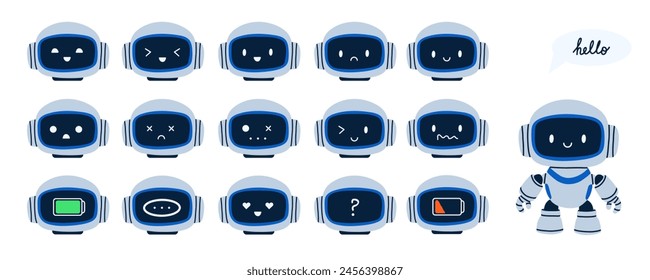 Emociones de robots. Emociones de asistente de chatbot, lindo símbolo de aire, mascota de tecnología. Cara graciosa feliz o triste. Máquina robótica de batería alta y baja. Ilustración de personaje de sonrisa aislada plana de dibujos animados de Vector