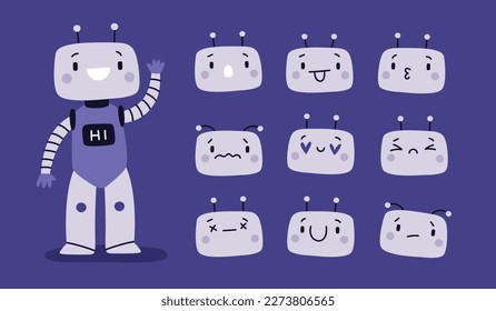 Roboter-Emotionen. Emotionale Android-Avatare. Kinder Cyborg Kopf. Digitaler Applikationscute-Chatbot. Cartoon-Maskottchen. Gesichtsausdrücke. Fröhliche oder traurige Gesichter. Robotermaschine