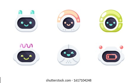 Robot emotions set. Cute robots head avatar. Chat bot with different faces. Simple modern icon design. Cartoon character isolated on white background. Screen, monitor. Flat style vector illustration.