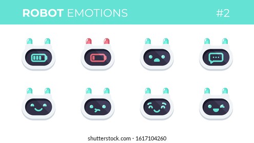 Robot emotions set. Cute robots head avatar. Chat bot with different faces. Simple modern icon design. Cartoon character isolated on white background. Screen, monitor. Flat style vector illustration.