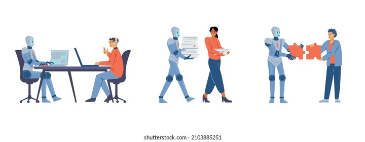 Robot employee helps to work in the office, flat vector illustration isolated on white background. Set of futuristic scenes with artificial intelligence and people working together.