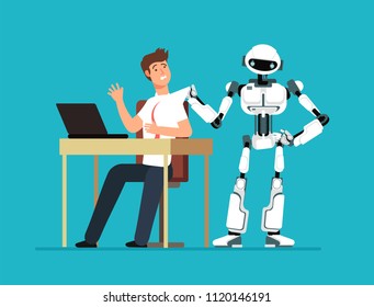 Robot employee kicks away human worker from workplace. Artificial intelligence, man replacement, future jobless vector concept. Machine control, cyborg better human illustration