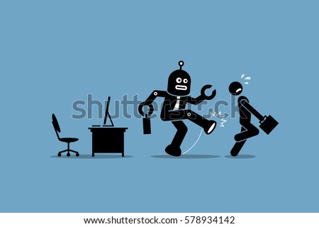 Robot employee kicks away a human worker from doing his computer job at office. Vector artwork depicts automation, future concept, artificial intelligence, and robot replacing mankind. 