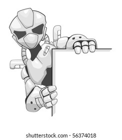 Robot with empty billboard. Illustration isolated on white background.