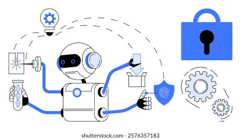 A robot engages in various activities including data security and innovation. Ideal for artificial intelligence, robotics, cybersecurity, innovation, and technology. Modern vector art style in blue