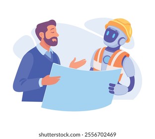 Robot Engineer with Blueprint as Smart Android Assistant Machine Vector Illustration