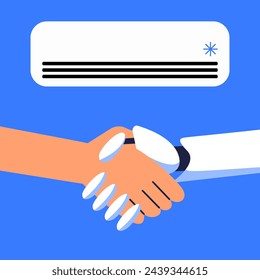 Robot and engineer cleans the air conditioner. Technologies of the future for a smart home. Flat vector illustration.